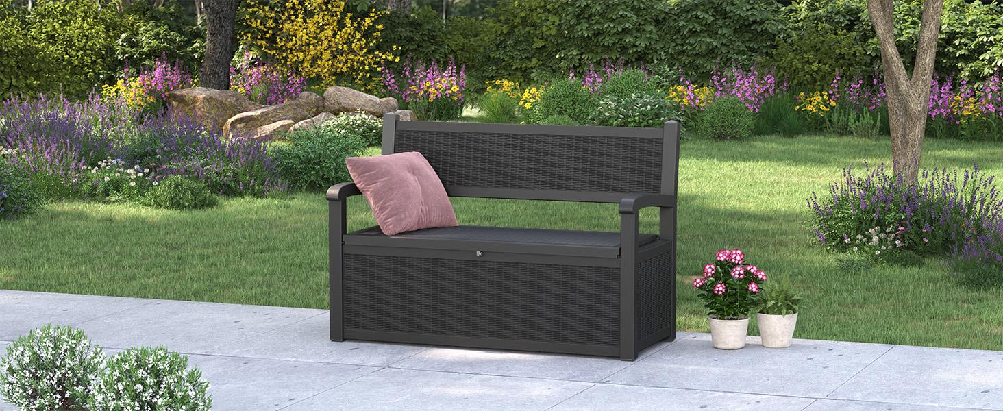 70 Gallon Weatherproof Outdoor Storage Bench, 2-in-1 Patio Rattan Textured Deck Box with Seating, Garden Furniture for Cushions, Tools, Balcony Use