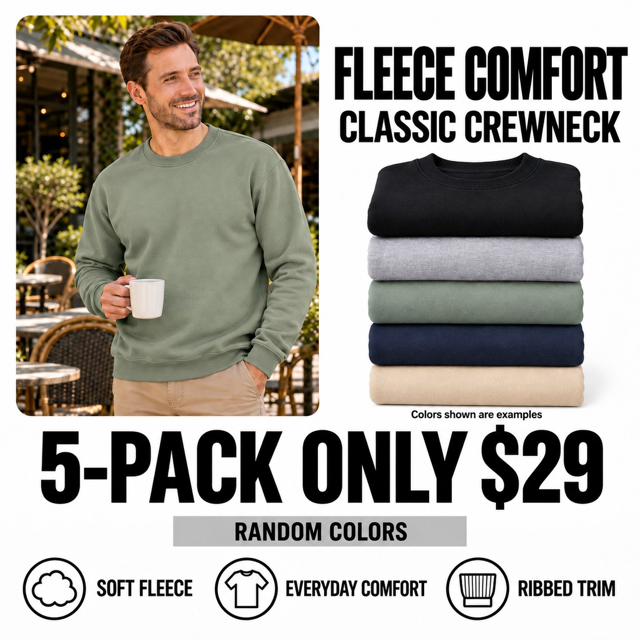 Five fleece crewneck sweatshirts in random colors, 5-pack for $29
