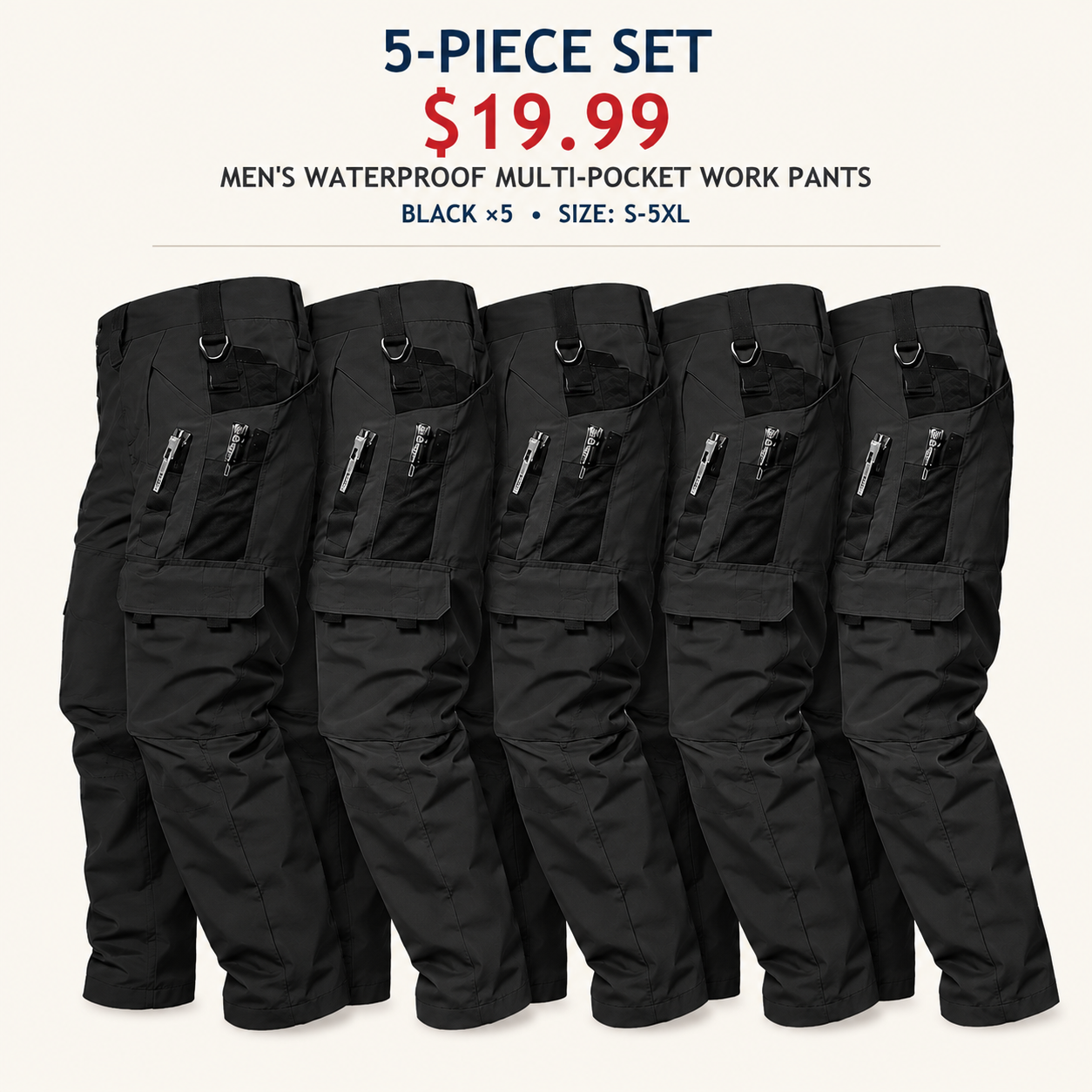 Men's Regular Fit Waterproof Multi-Pocket Outdoor Work Pants, 5 & 10 Pack, S-5XL
