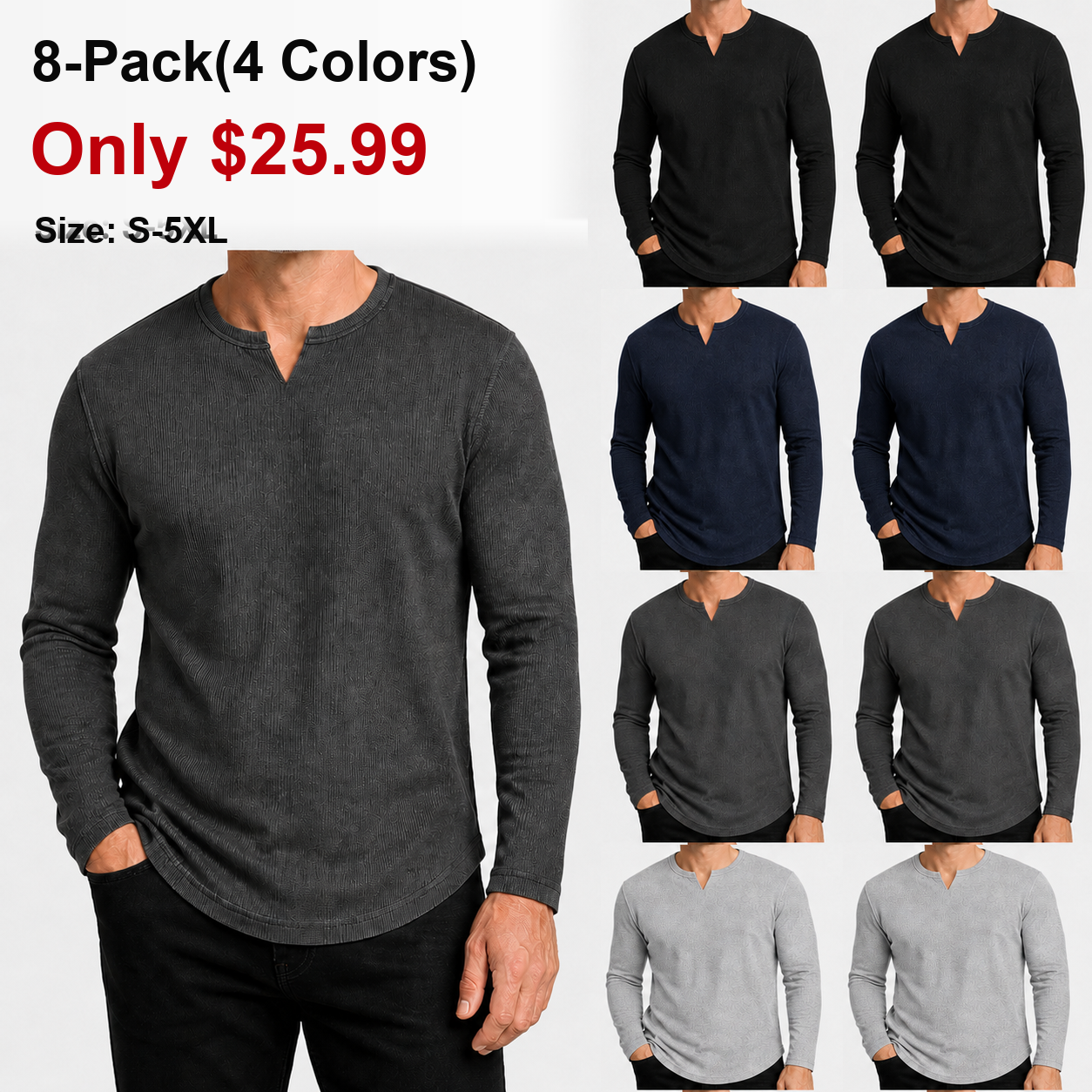 Men's Slim Fit V-Neck Long Sleeve Ribbed Shirts - 8 & 16 Pack