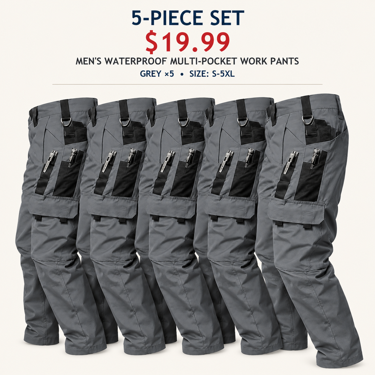 Men's Regular Fit Waterproof Multi-Pocket Outdoor Work Pants, 5 & 10 Pack, S-5XL