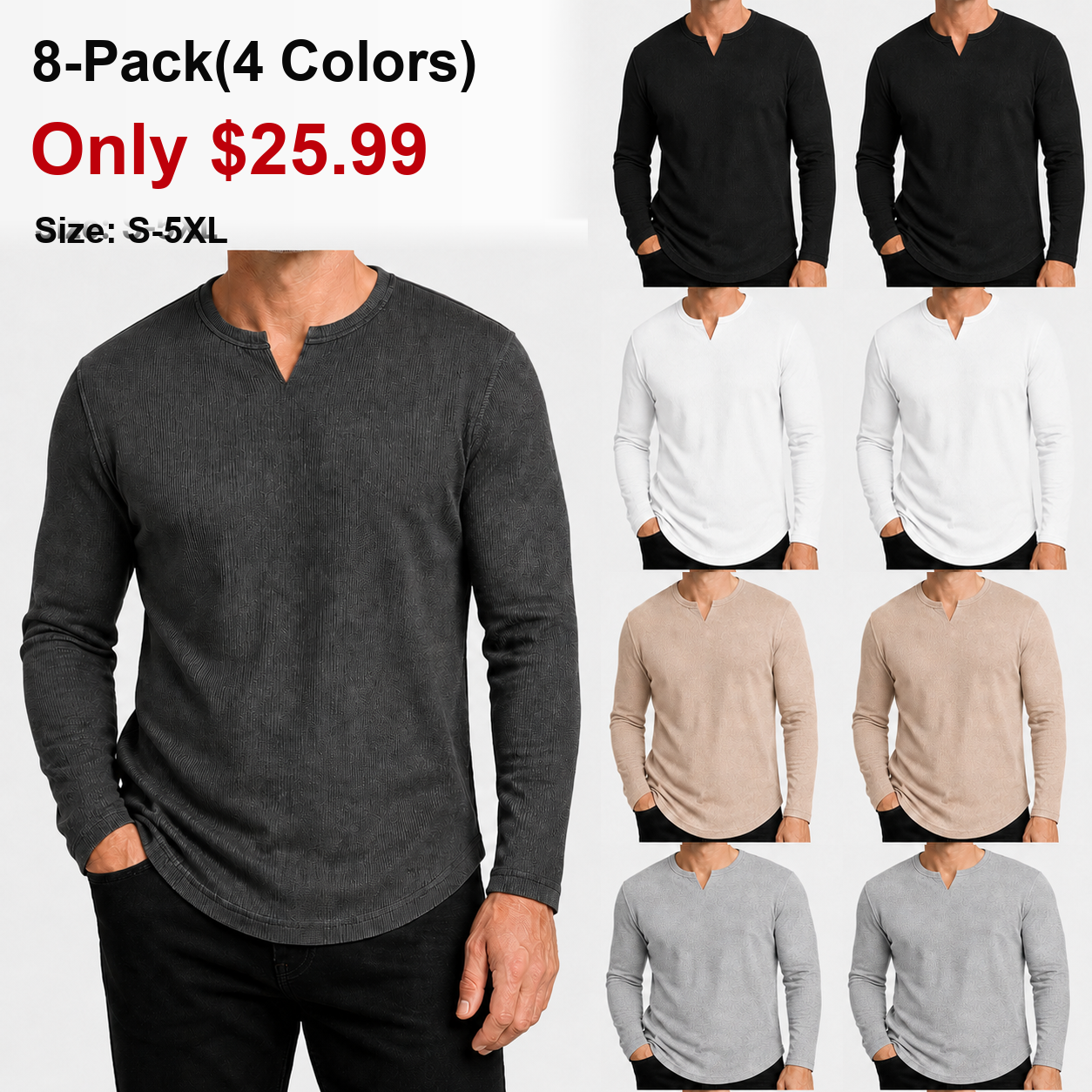 Men's Slim Fit V-Neck Long Sleeve Ribbed Shirts - 8 & 16 Pack