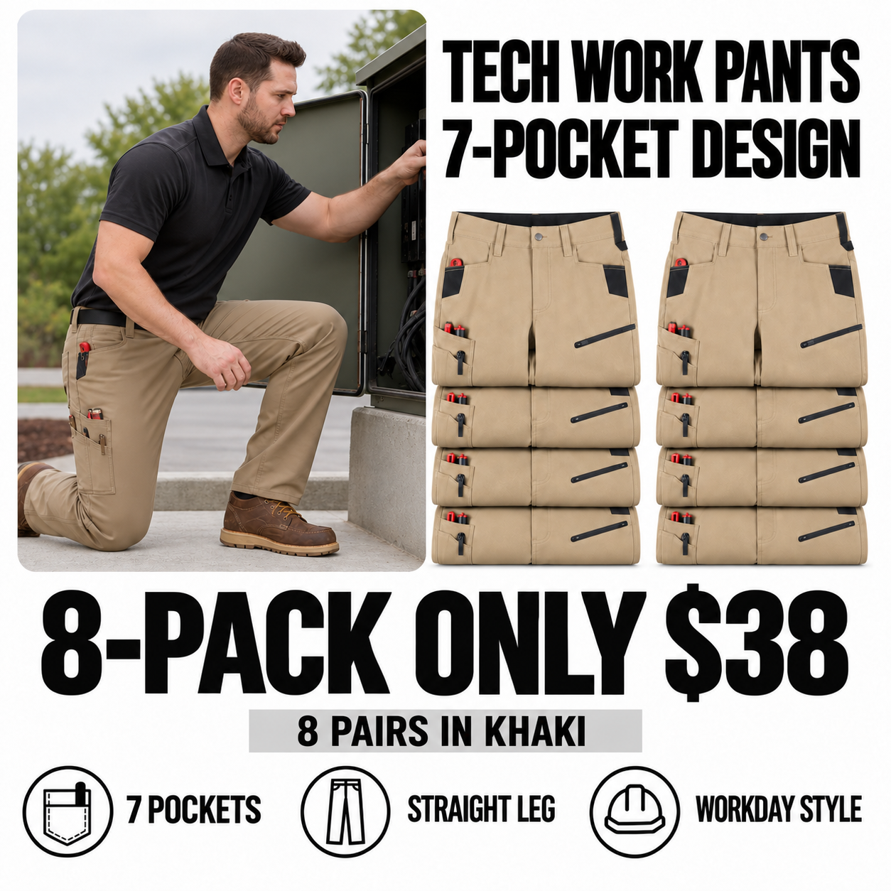 khaki 8-piece tech work pants main image