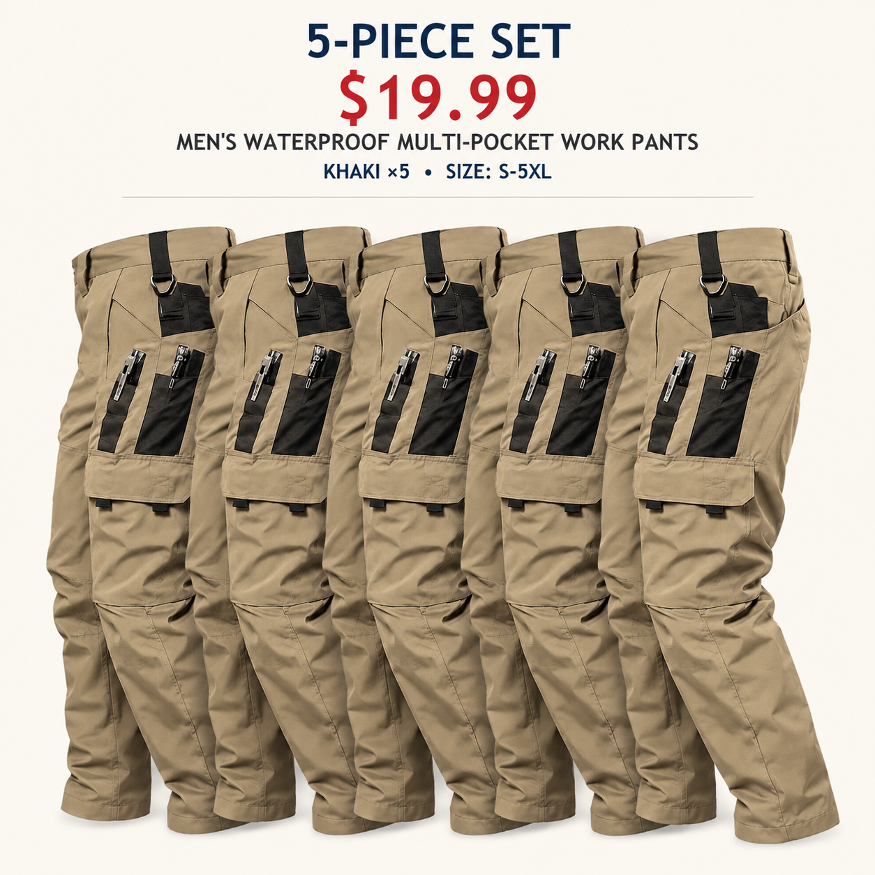 Men's Regular Fit Waterproof Multi-Pocket Outdoor Work Pants, 5 & 10 Pack, S-5XL