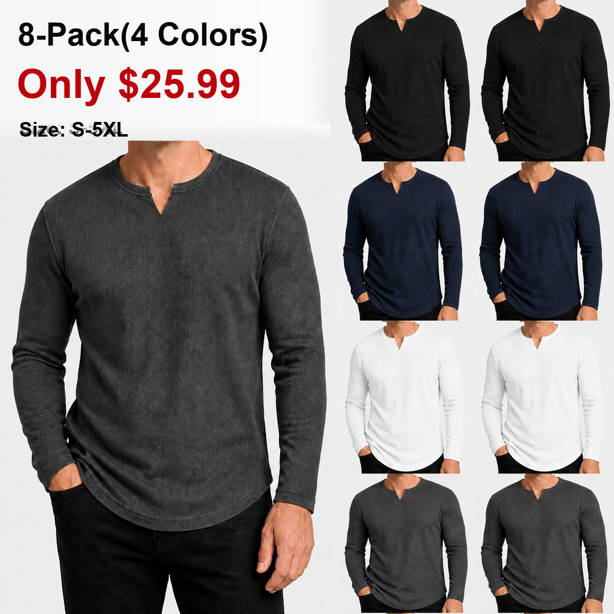 Men's Slim Fit V-Neck Long Sleeve Ribbed Shirts - 8 & 16 Pack