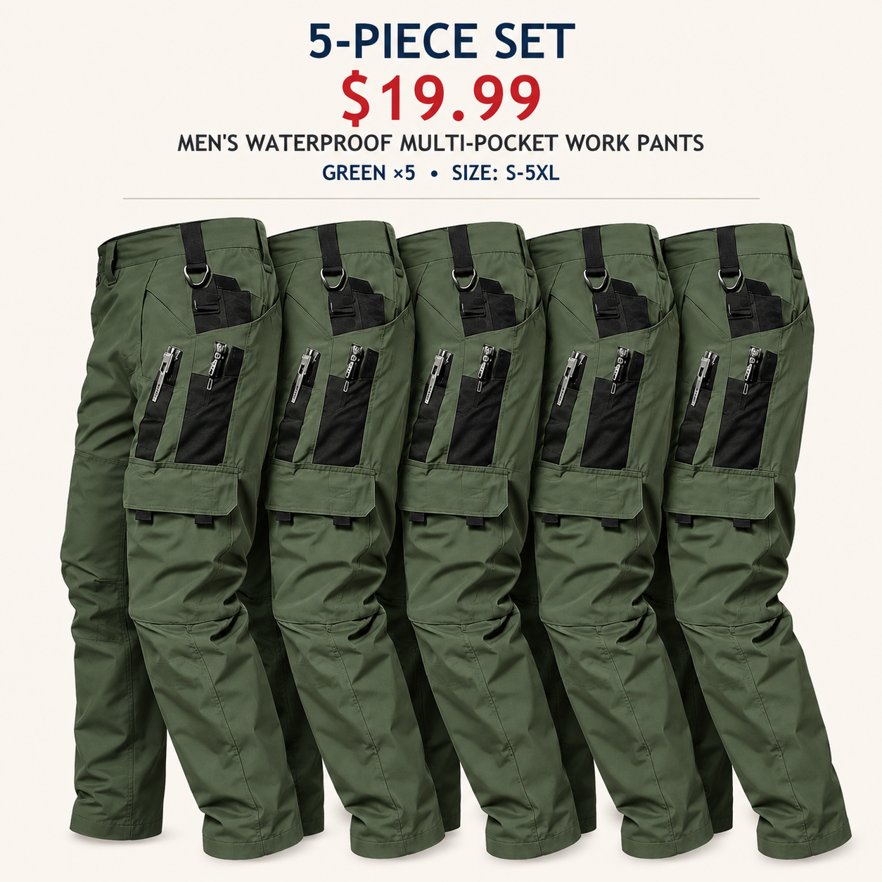 Men's Regular Fit Waterproof Multi-Pocket Outdoor Work Pants, 5 & 10 Pack, S-5XL