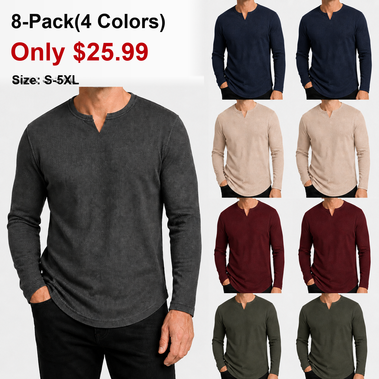 Men's Slim Fit V-Neck Long Sleeve Ribbed Shirts - 8 & 16 Pack