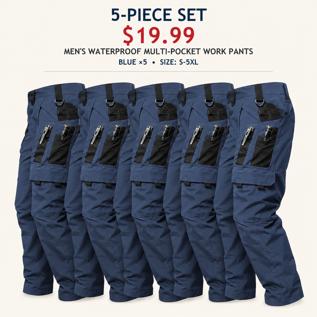 Men's Regular Fit Waterproof Multi-Pocket Outdoor Work Pants, 5 & 10 Pack, S-5XL