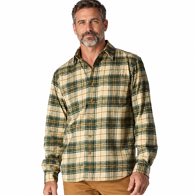 Men’s Midweight Stretch Cotton Flannel Plaid Shirt – Relaxed Fit
