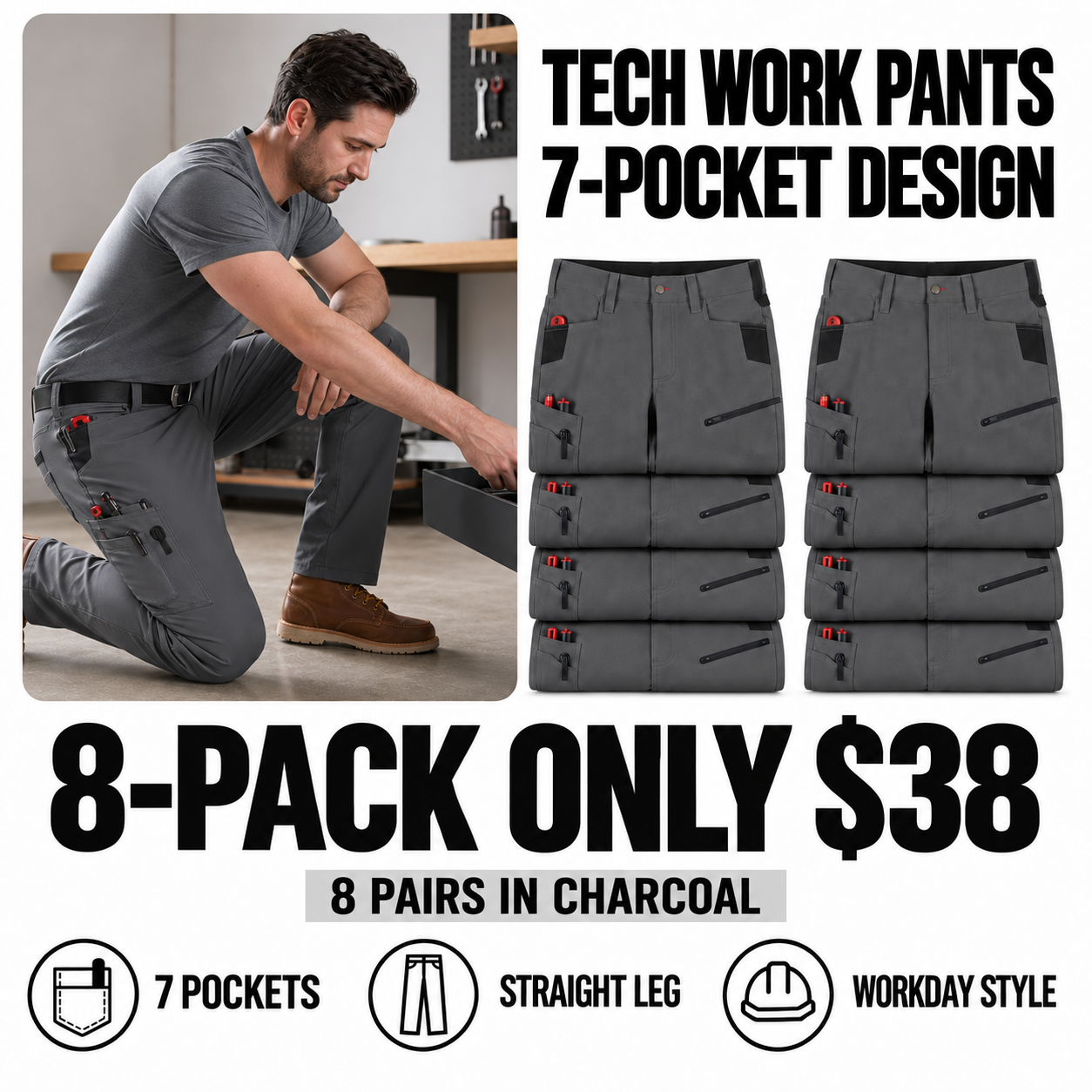 charcoal 8-piece tech work pants main image