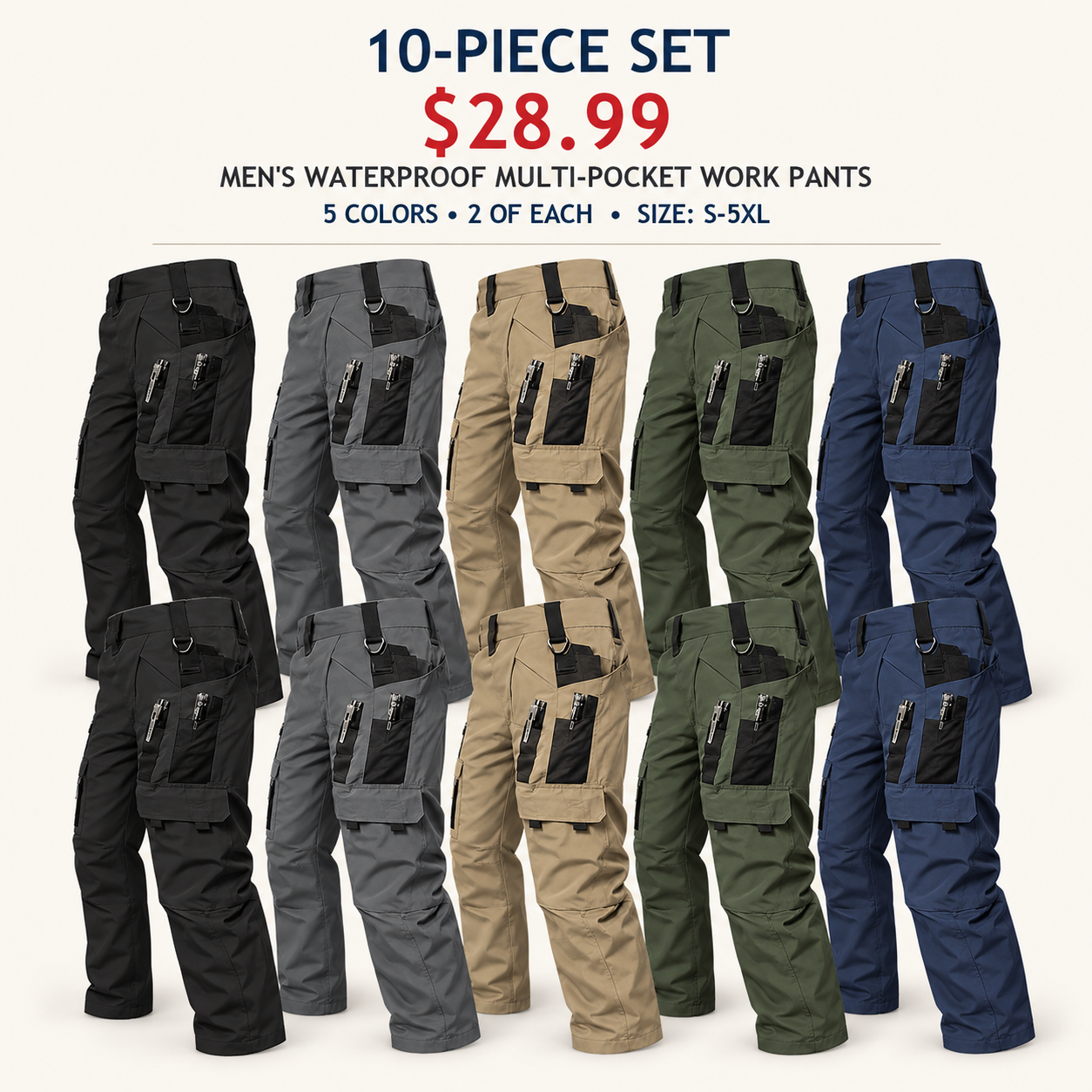 Men's Regular Fit Waterproof Multi-Pocket Outdoor Work Pants, 5 & 10 Pack, S-5XL