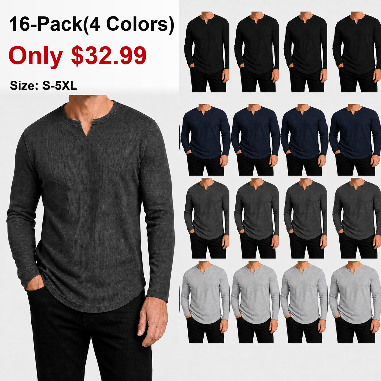 Men's Slim Fit V-Neck Long Sleeve Ribbed Shirts - 8 & 16 Pack