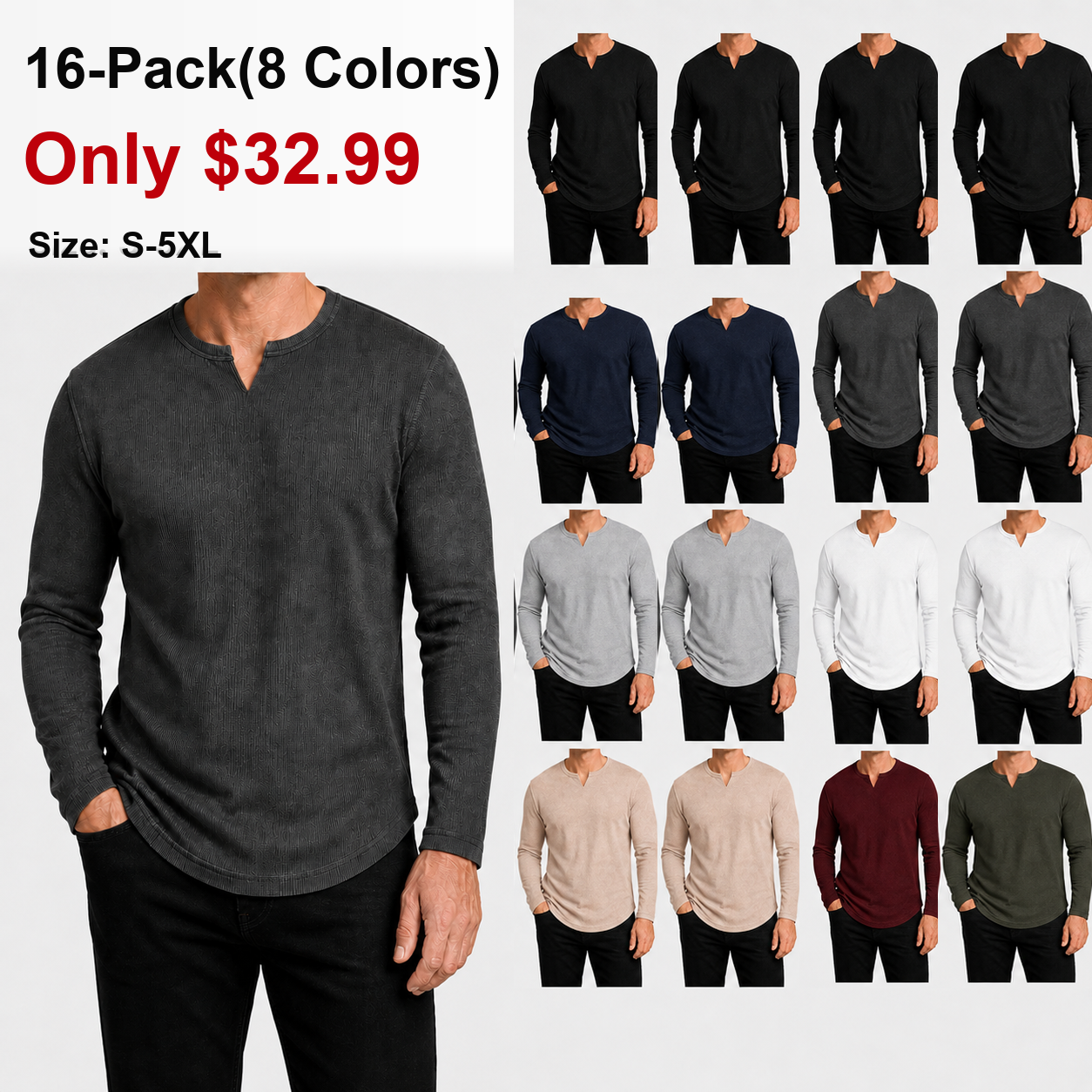 Men's Slim Fit V-Neck Long Sleeve Ribbed Shirts - 8 & 16 Pack