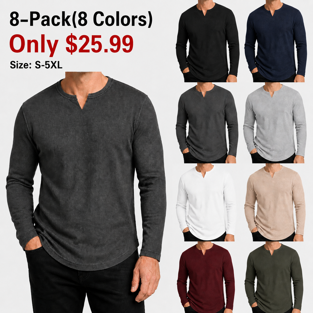Men's Slim Fit V-Neck Long Sleeve Ribbed Shirts - 8 & 16 Pack