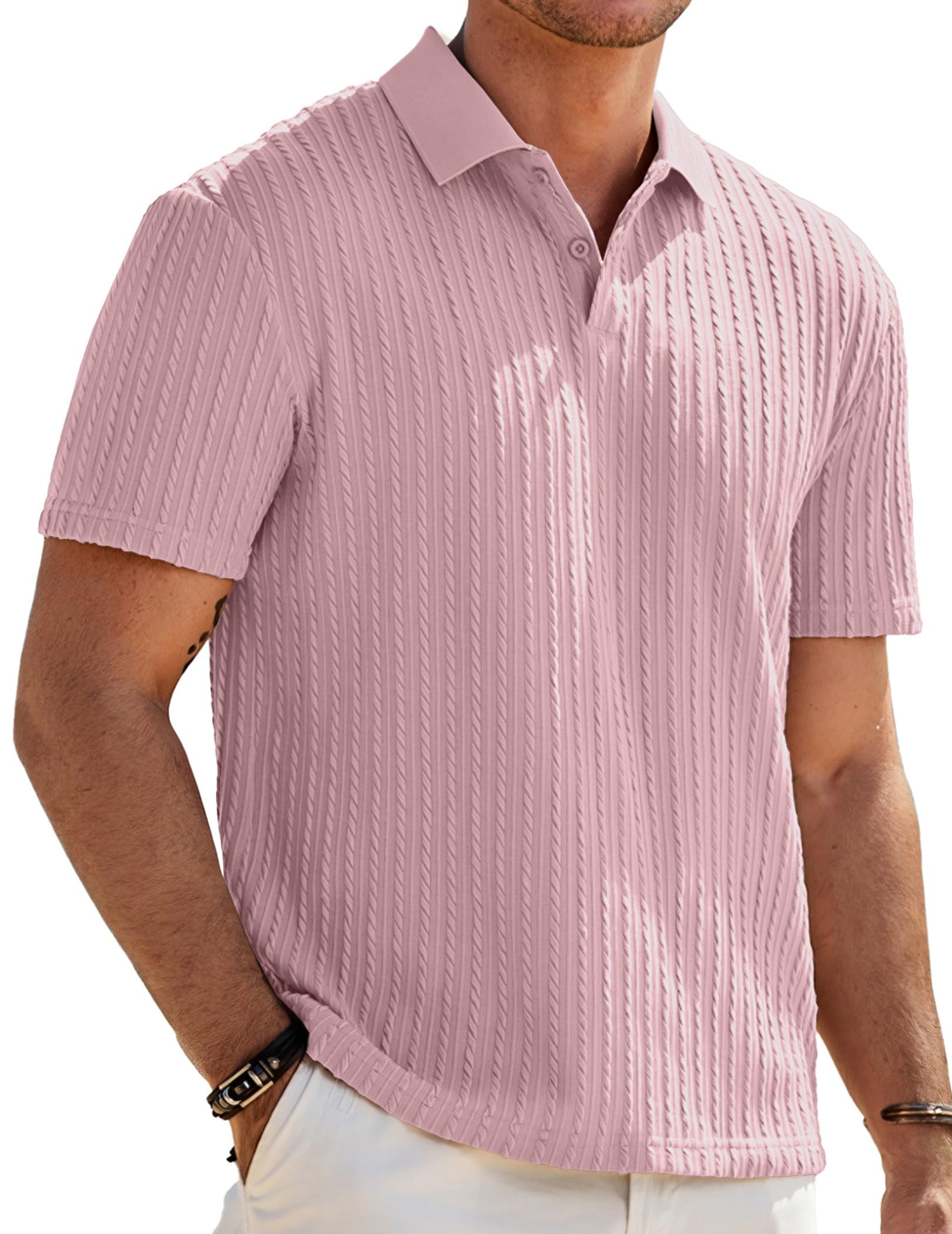 Mens Casual Polo Shirt Summer Short Sleeve Vacation Button Beach Knit Stretchy Golf Shirts