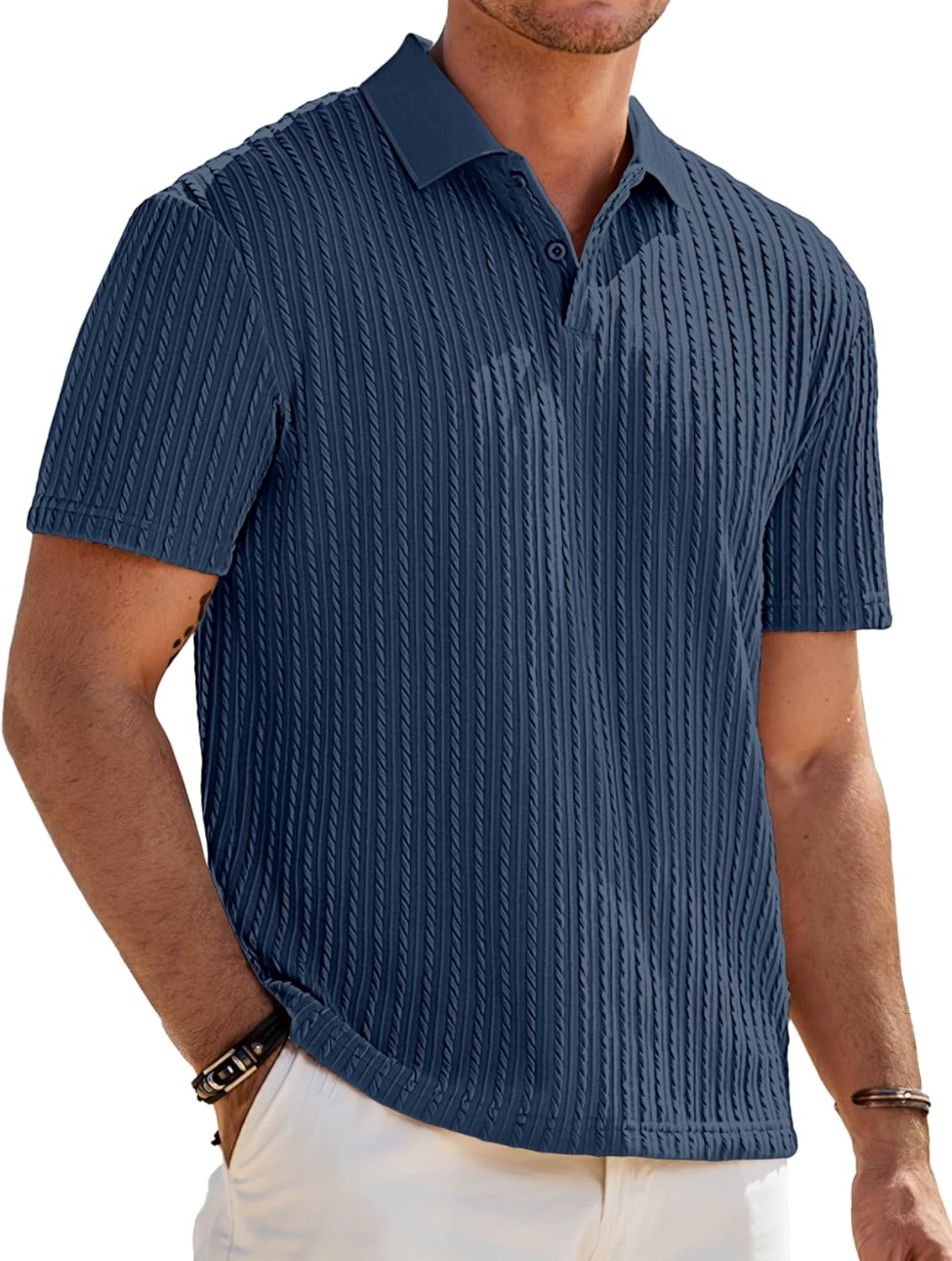 Mens Casual Polo Shirt Summer Short Sleeve Vacation Button Beach Knit Stretchy Golf Shirts