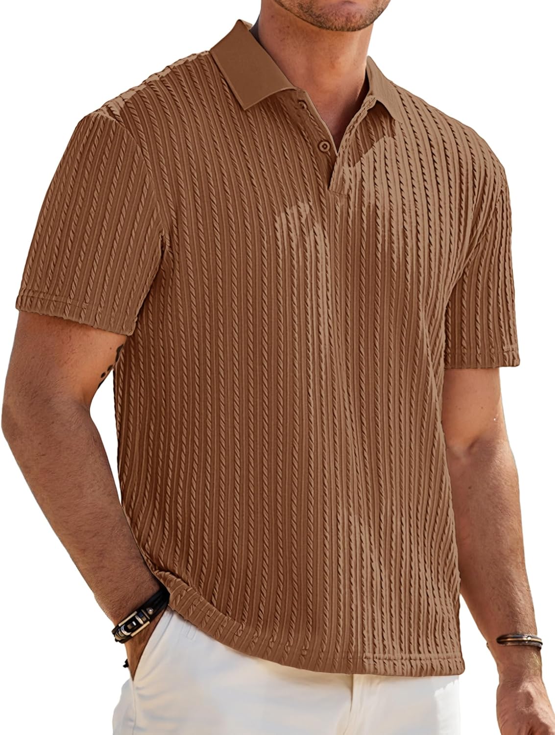 Mens Casual Polo Shirt Summer Short Sleeve Vacation Button Beach Knit Stretchy Golf Shirts
