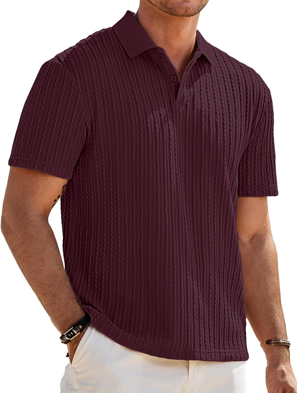 Mens Casual Polo Shirt Summer Short Sleeve Vacation Button Beach Knit Stretchy Golf Shirts