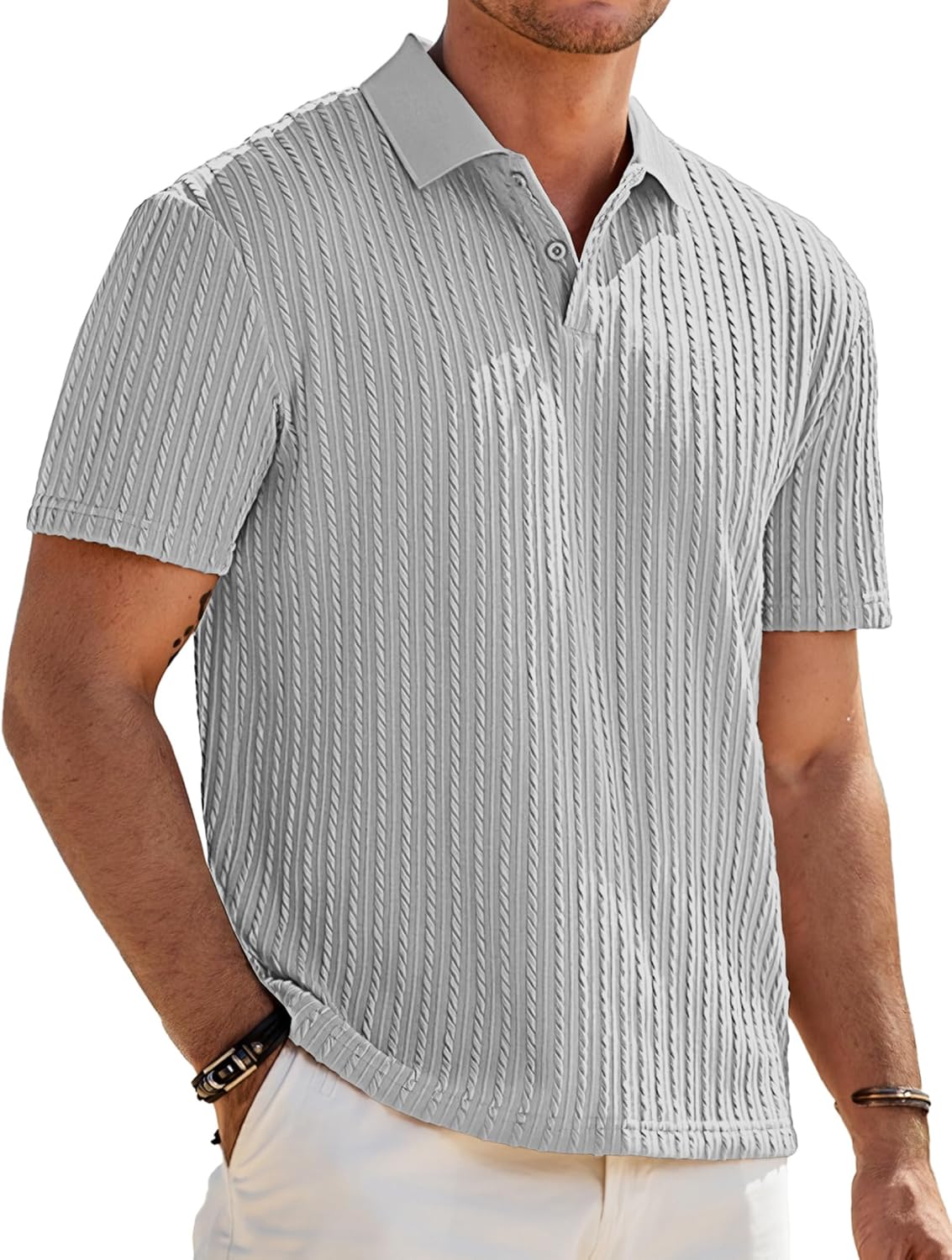 Mens Casual Polo Shirt Summer Short Sleeve Vacation Button Beach Knit Stretchy Golf Shirts