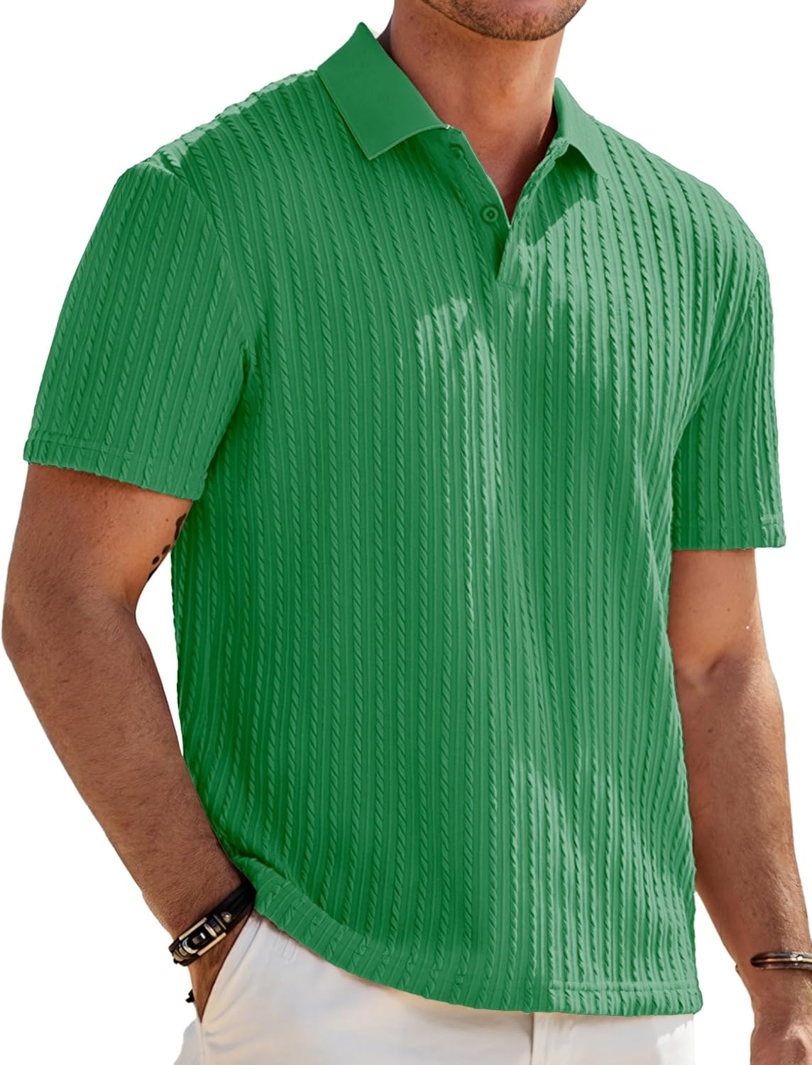 Mens Casual Polo Shirt Summer Short Sleeve Vacation Button Beach Knit Stretchy Golf Shirts