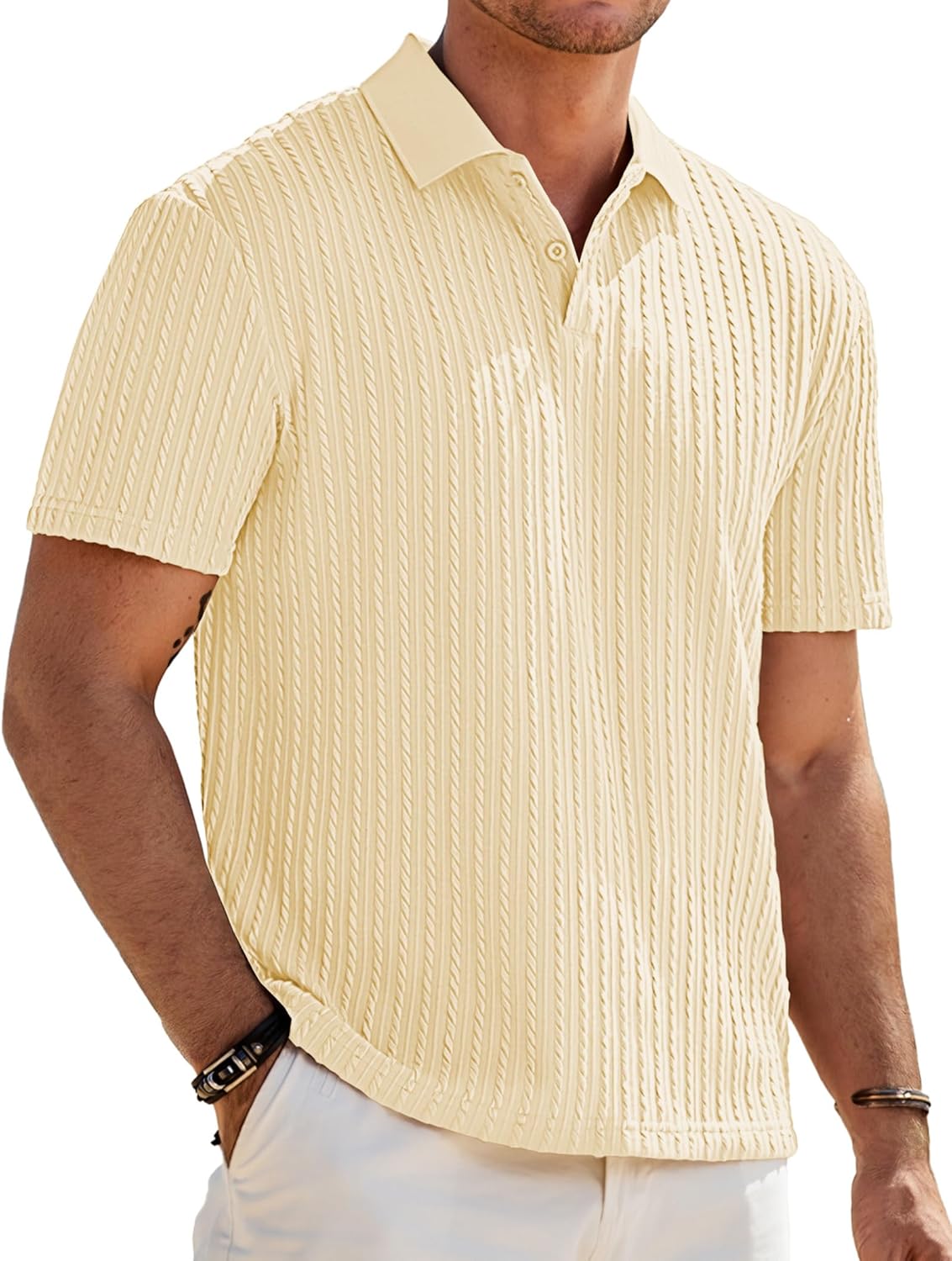 Mens Casual Polo Shirt Summer Short Sleeve Vacation Button Beach Knit Stretchy Golf Shirts