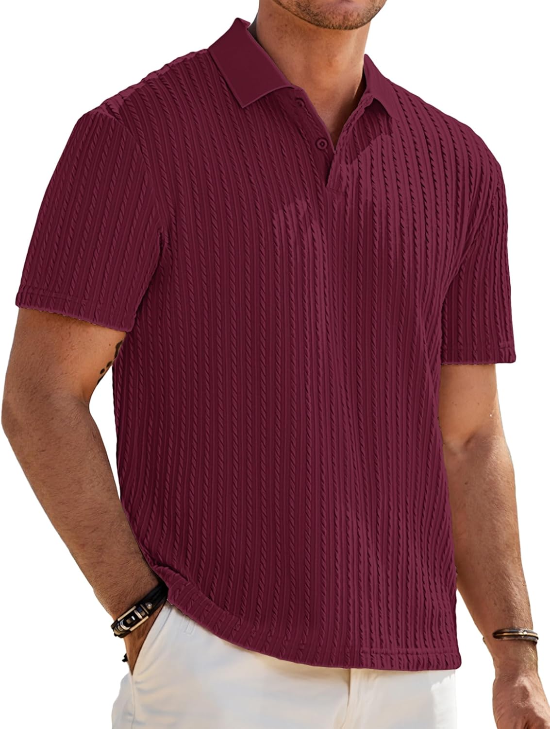 Mens Casual Polo Shirt Summer Short Sleeve Vacation Button Beach Knit Stretchy Golf Shirts