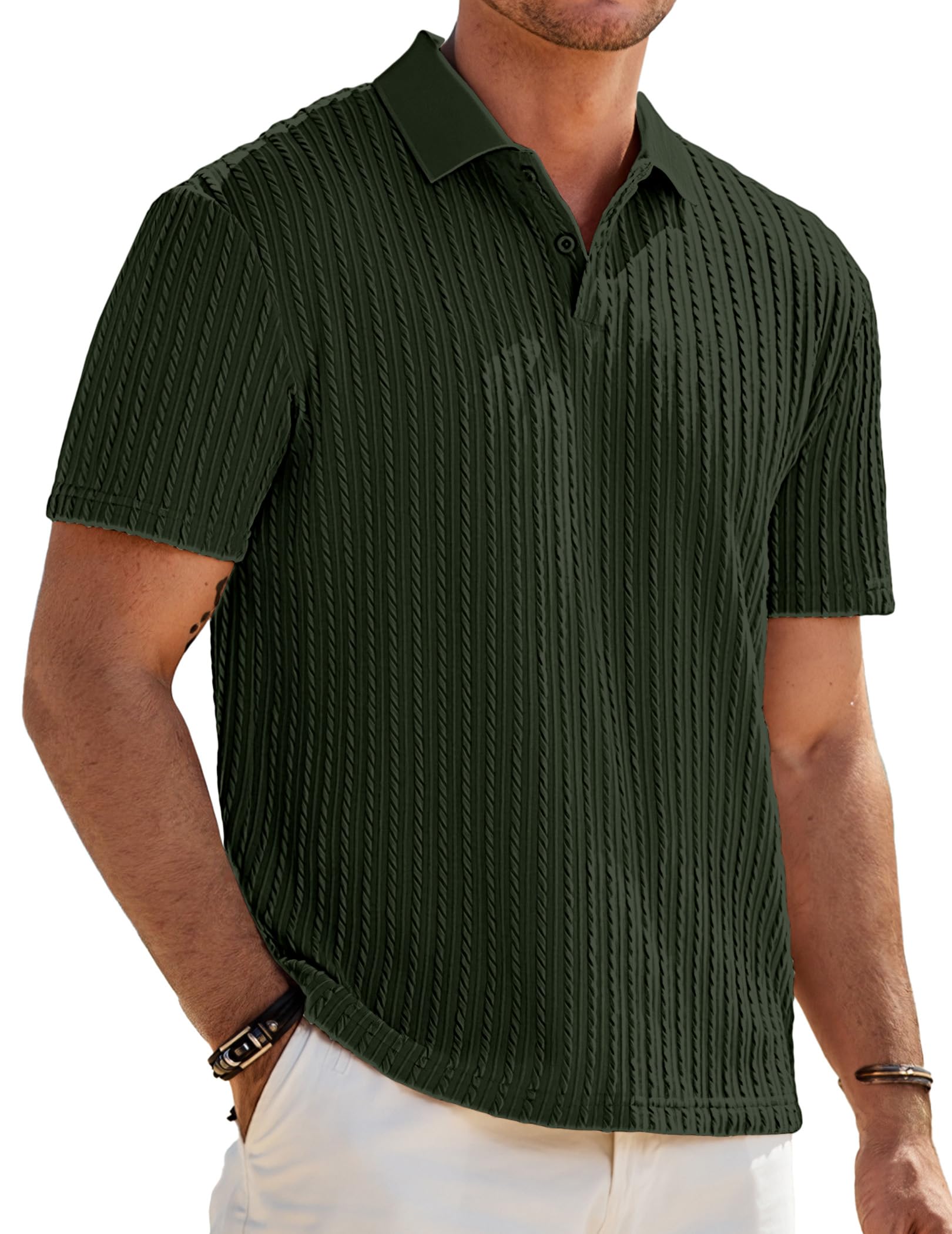 Mens Casual Polo Shirt Summer Short Sleeve Vacation Button Beach Knit Stretchy Golf Shirts