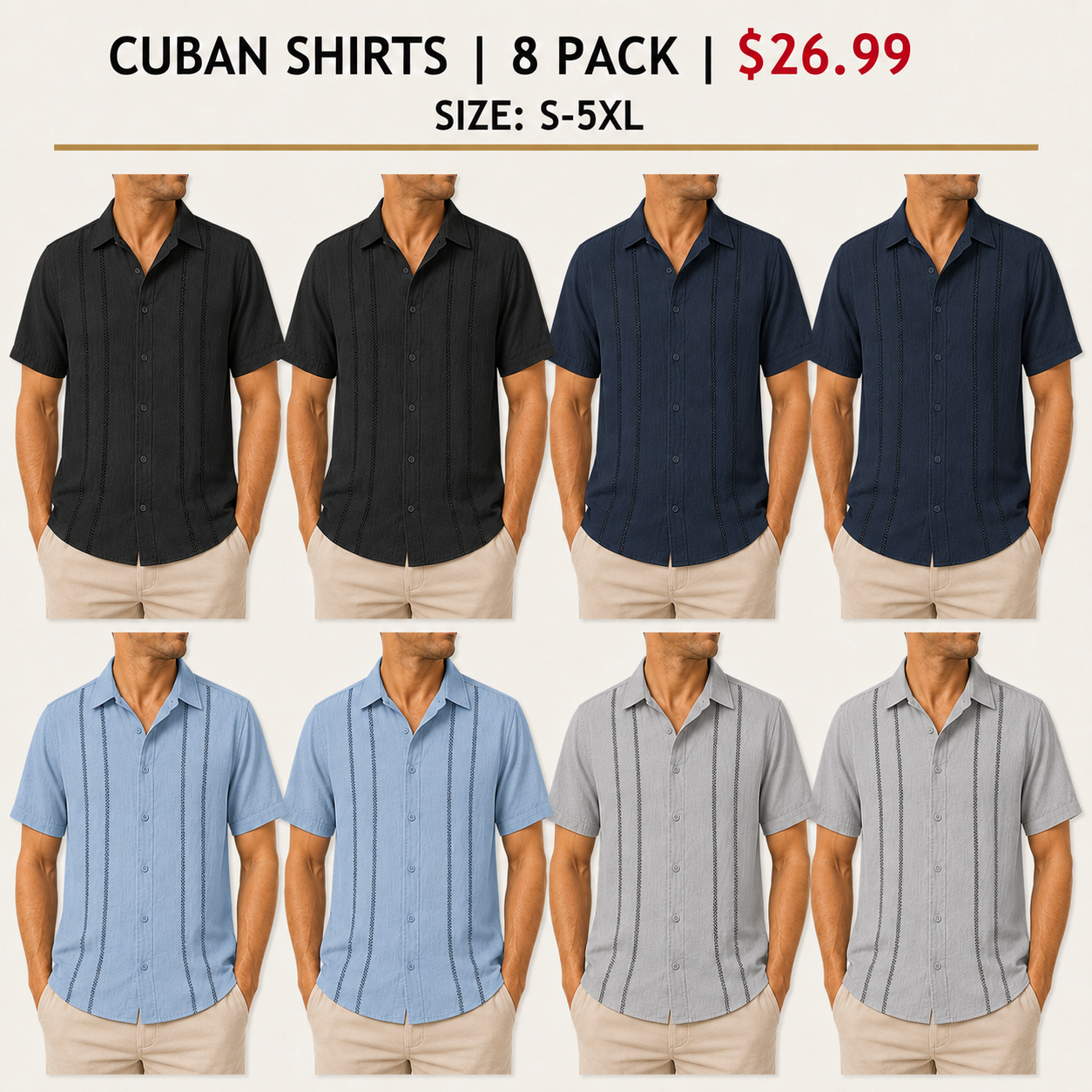 Men's Cuban Guayabera Short Sleeve Shirts - 8 & 16 Pack