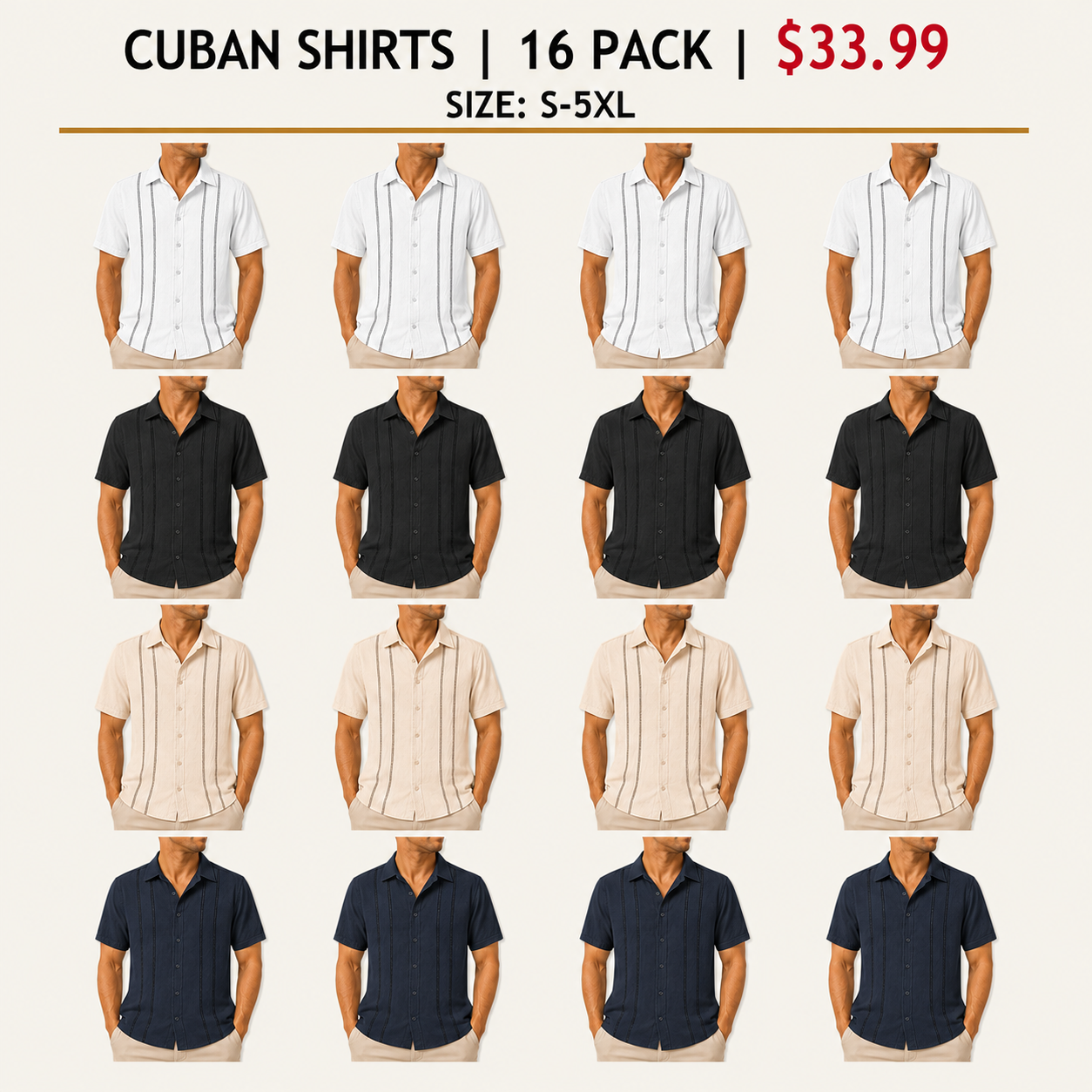 Men's Cuban Guayabera Short Sleeve Shirts - 8 & 16 Pack