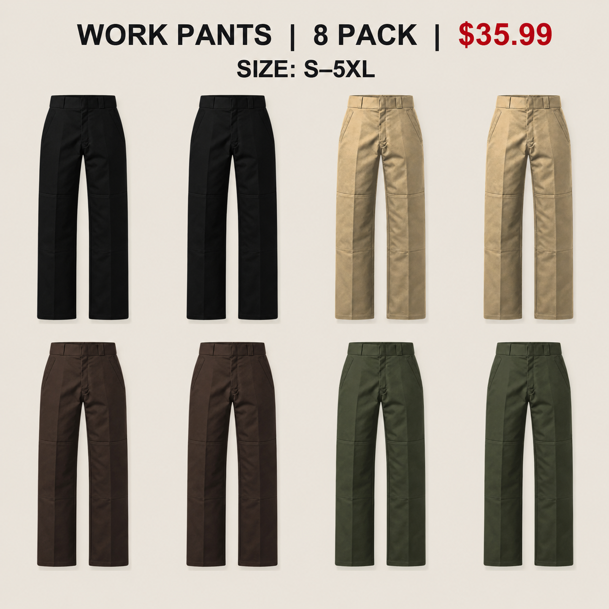 Men's Double-Knee Work Pants - 8 & 16 Pack