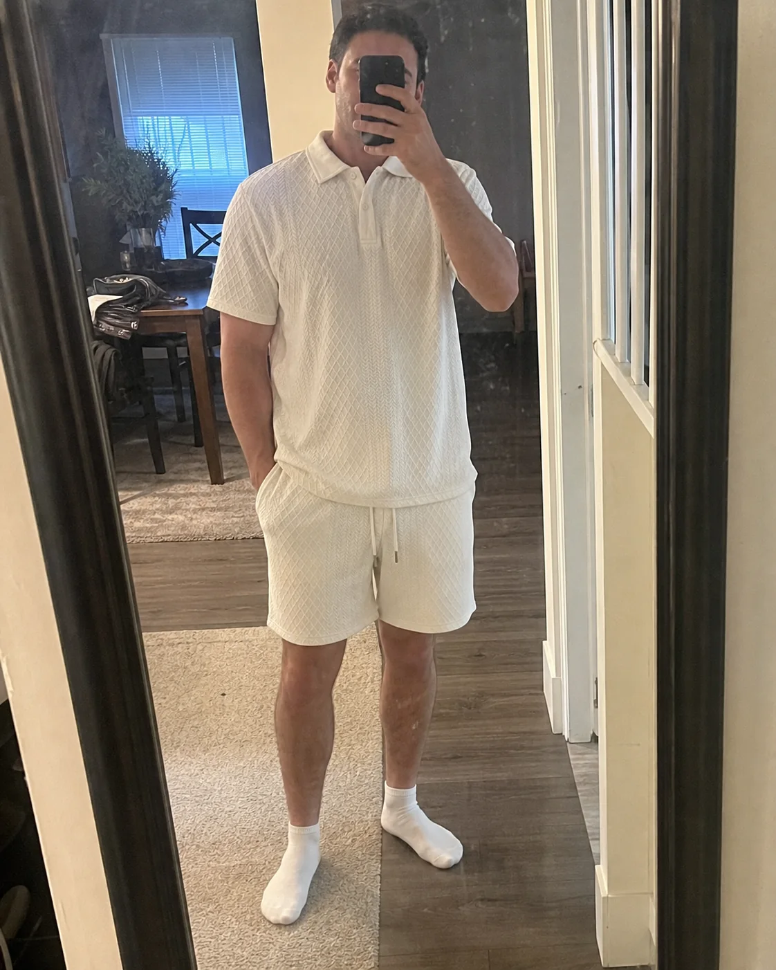 Everyday style reference featuring the polo shirt and drawstring shorts set