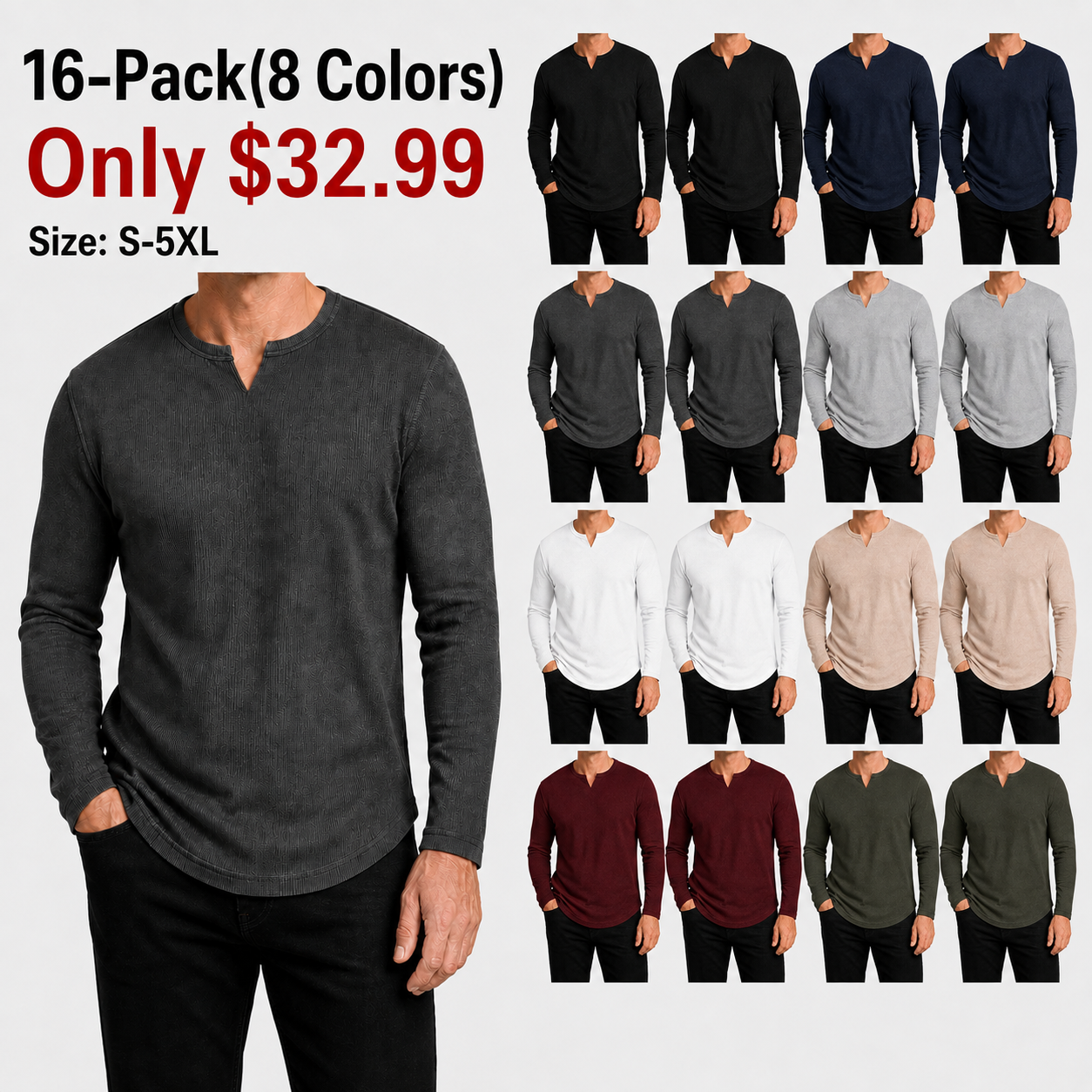 Men's Slim Fit V-Neck Long Sleeve Ribbed Shirts - 8 & 16 Pack
