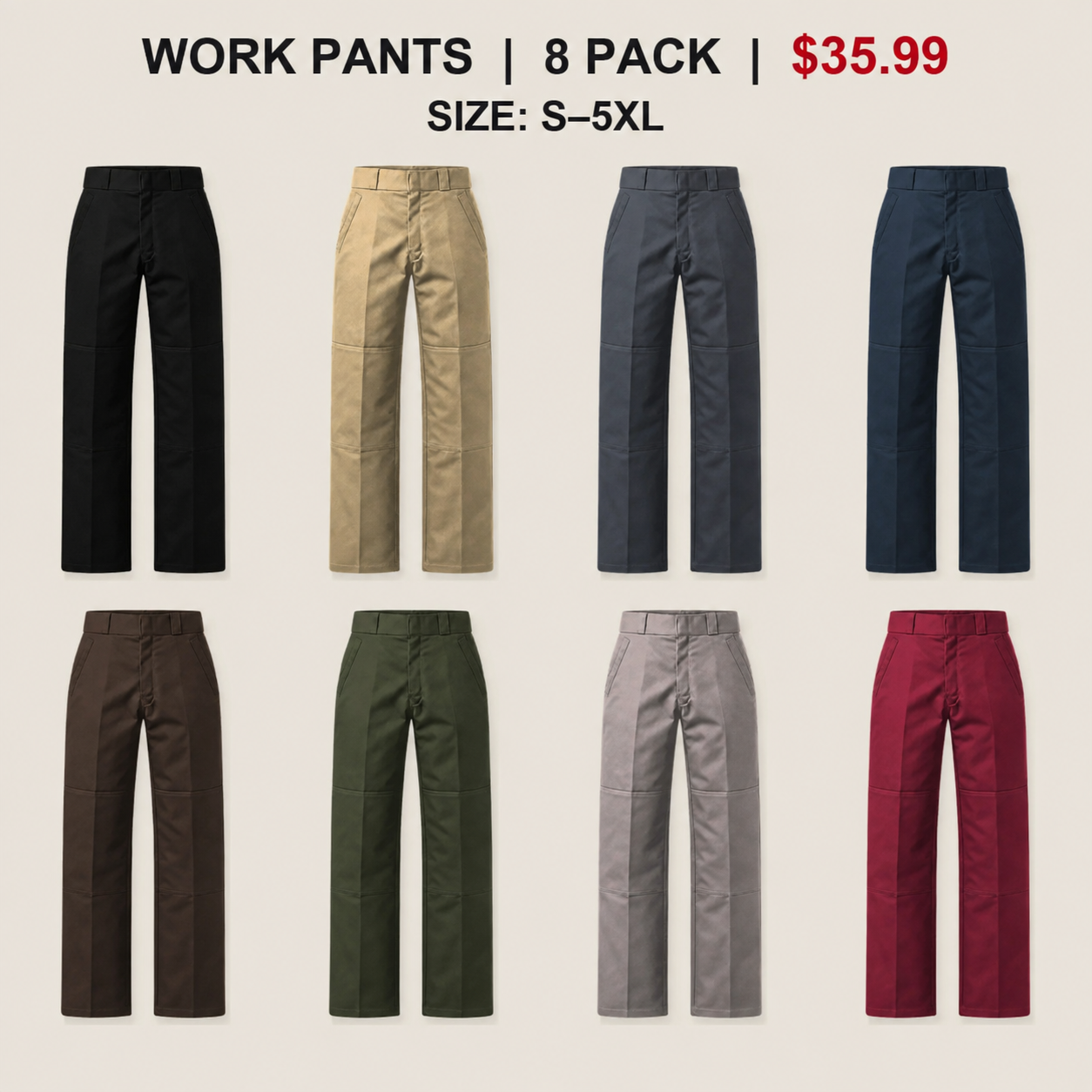 Men's Double-Knee Work Pants - 8 & 16 Pack