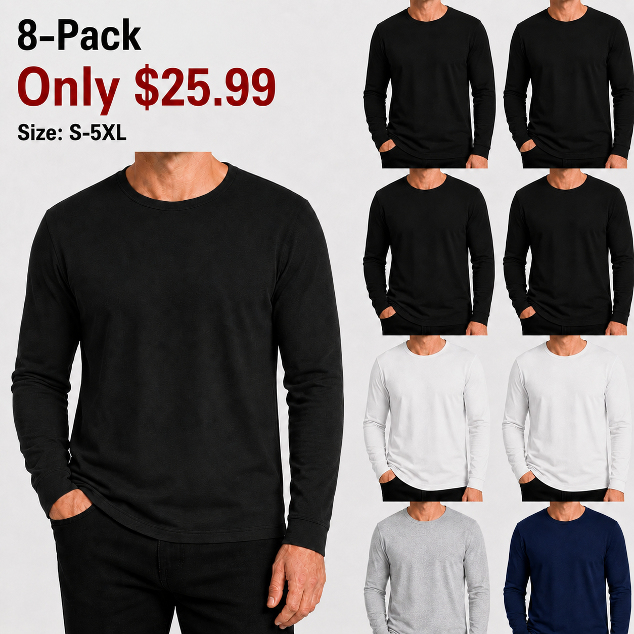 Men's Cotton-Blend Long Sleeve Crew Neck T-Shirts - 8 & 16 Pack