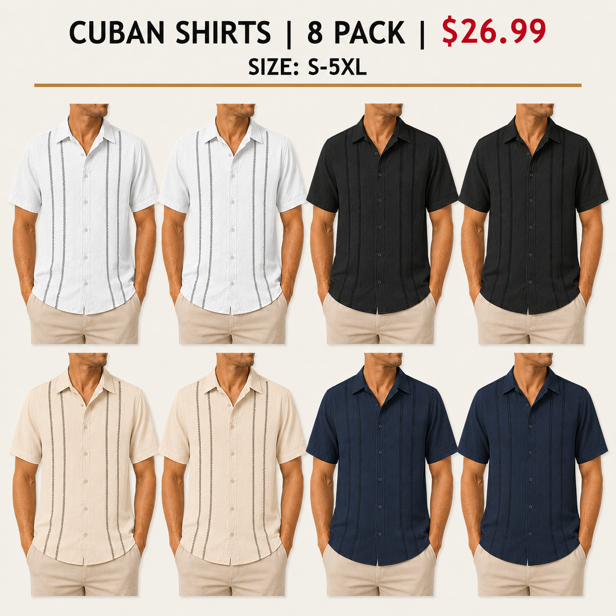 Men's Cuban Guayabera Short Sleeve Shirts - 8 & 16 Pack