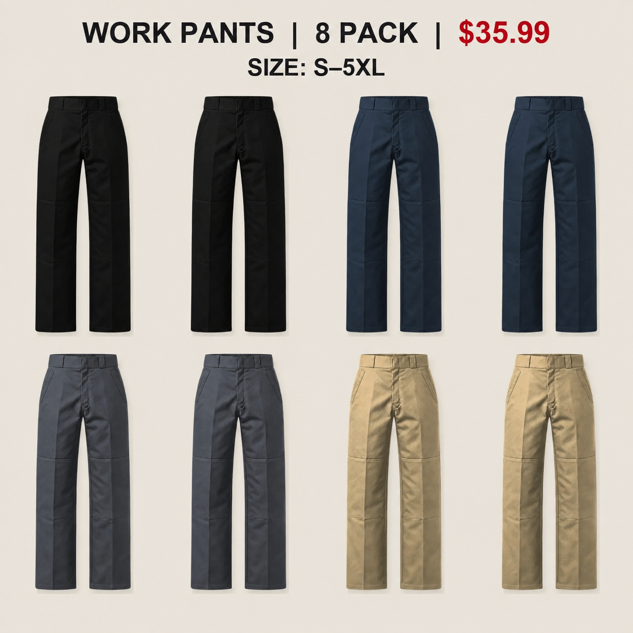 Men's Double-Knee Work Pants - 8 & 16 Pack