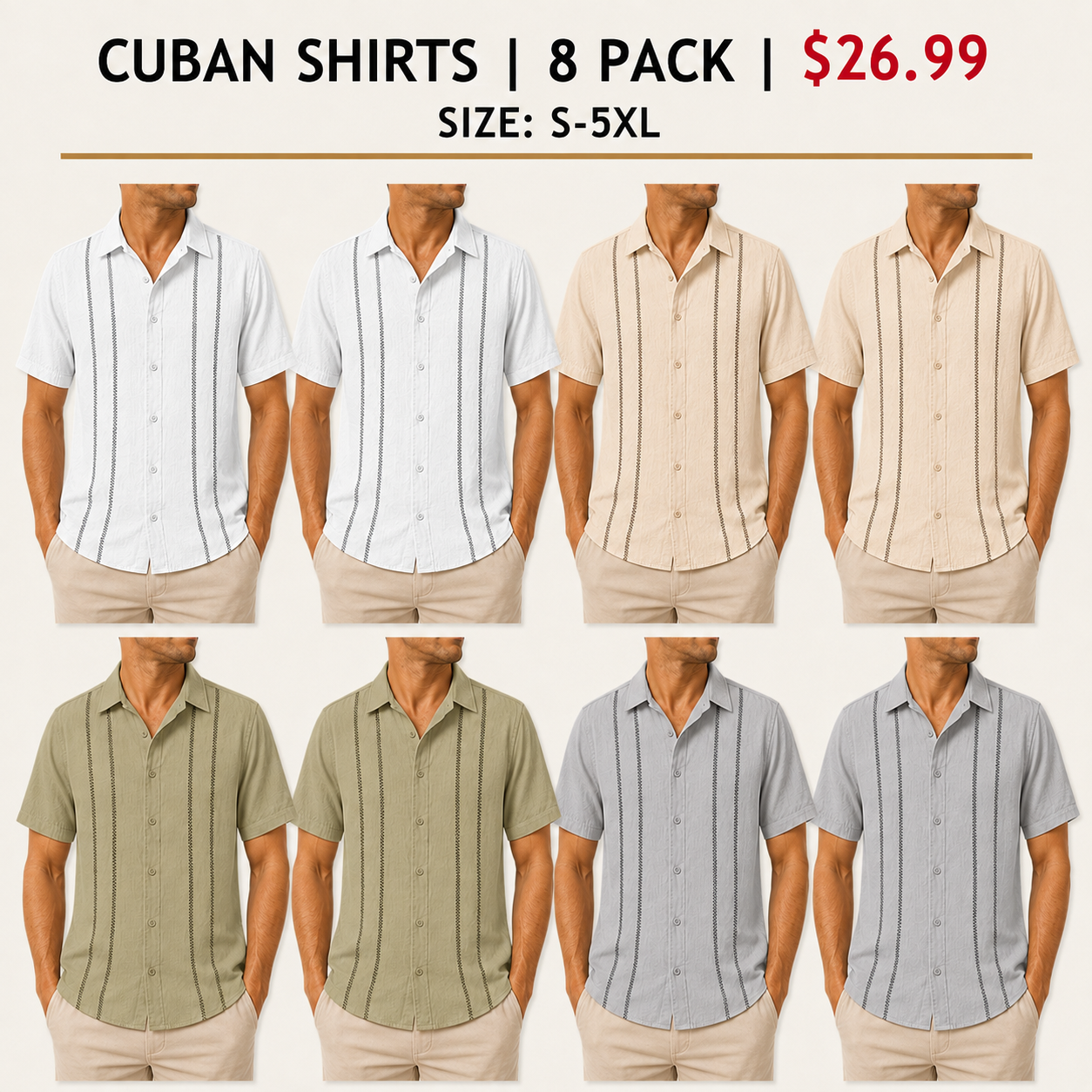 Men's Cuban Guayabera Short Sleeve Shirts - 8 & 16 Pack
