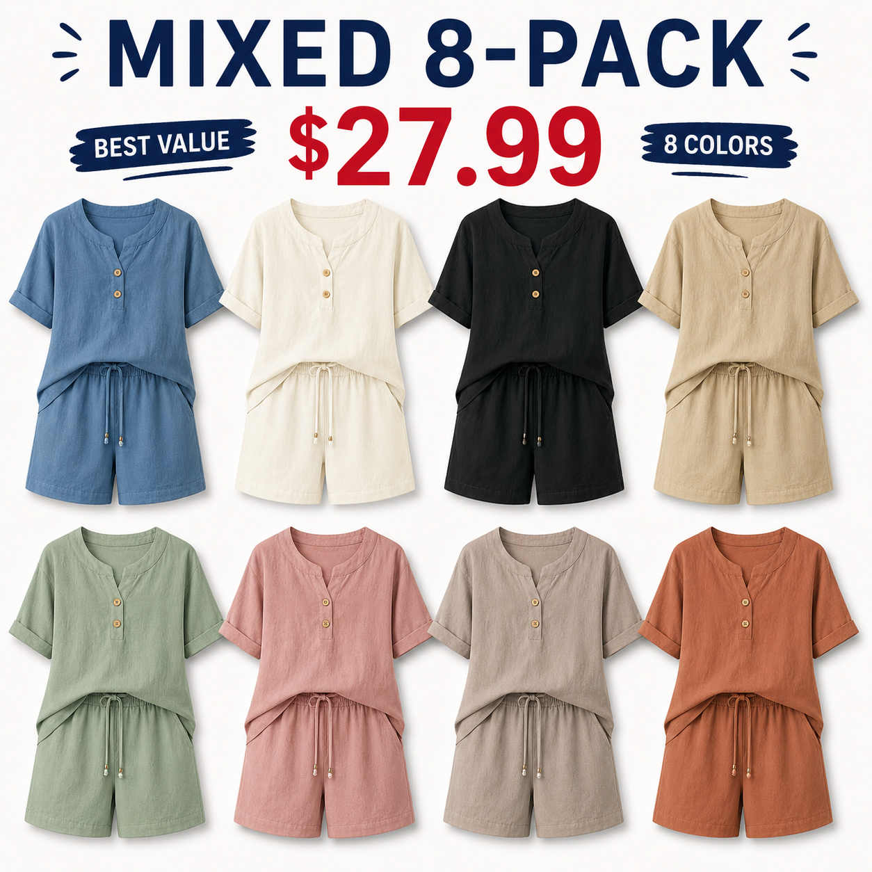 Mixed 8-Pack women's relaxed top and shorts set