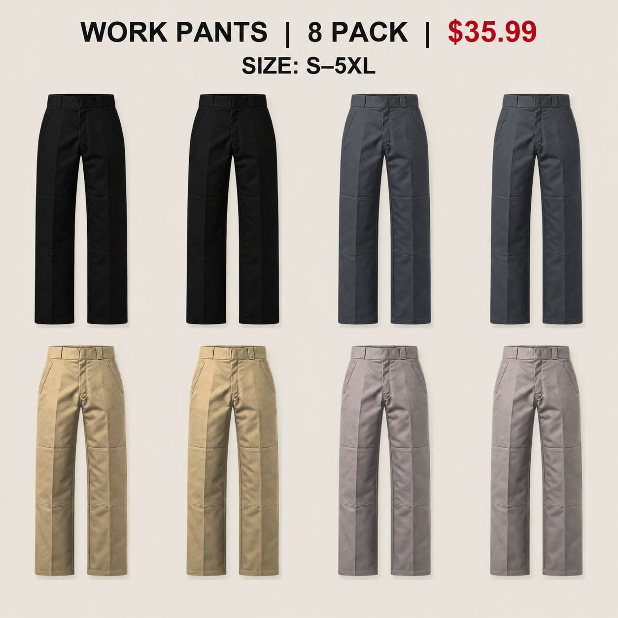 Men's Double-Knee Work Pants - 8 & 16 Pack
