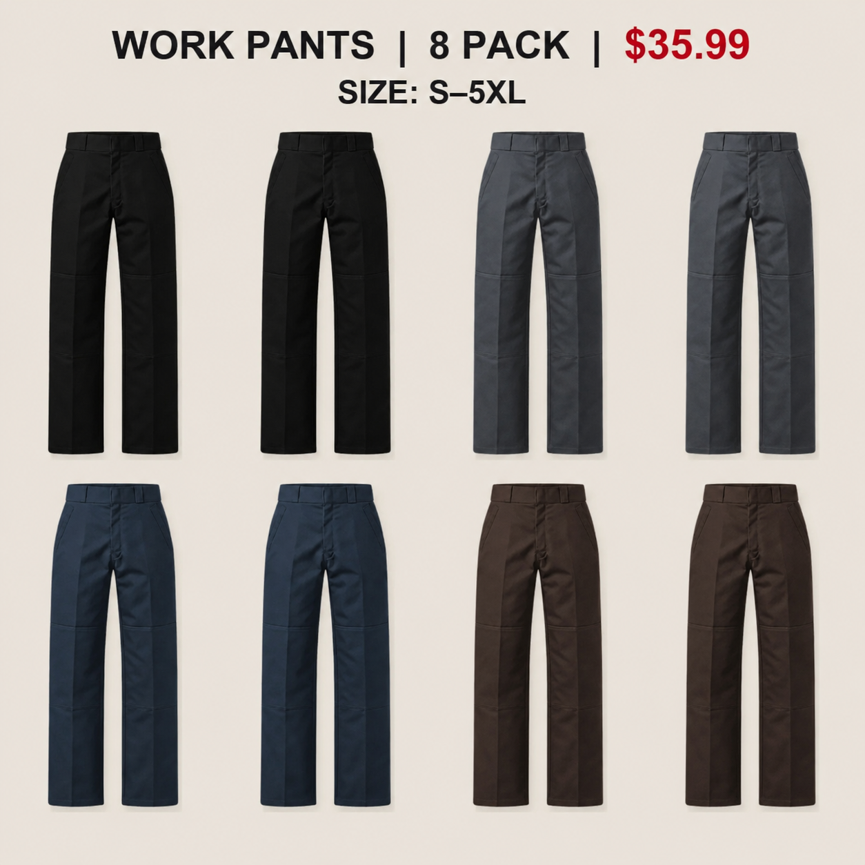 Men's Double-Knee Work Pants - 8 & 16 Pack
