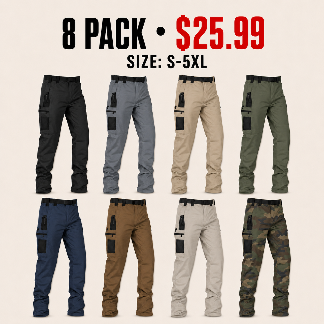 Men's Water-Repellent Multi-Pocket Tactical Cargo Work Pants - 8-Pack or 12-Pack