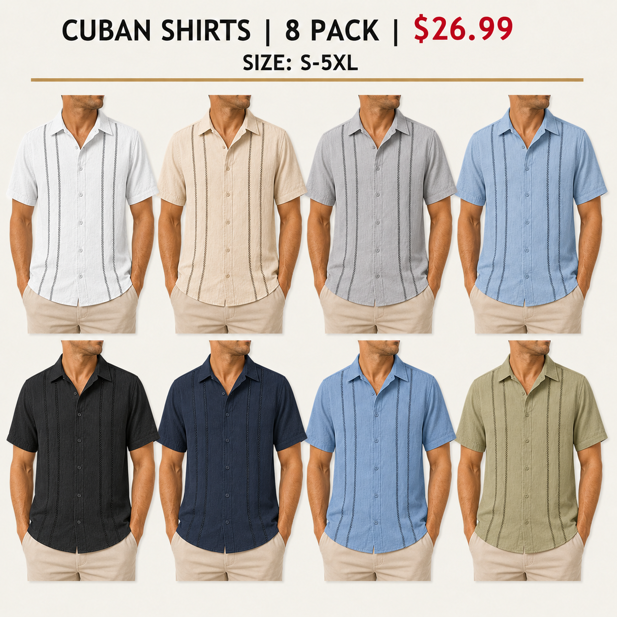 Men's Cuban Guayabera Short Sleeve Shirts - 8 & 16 Pack