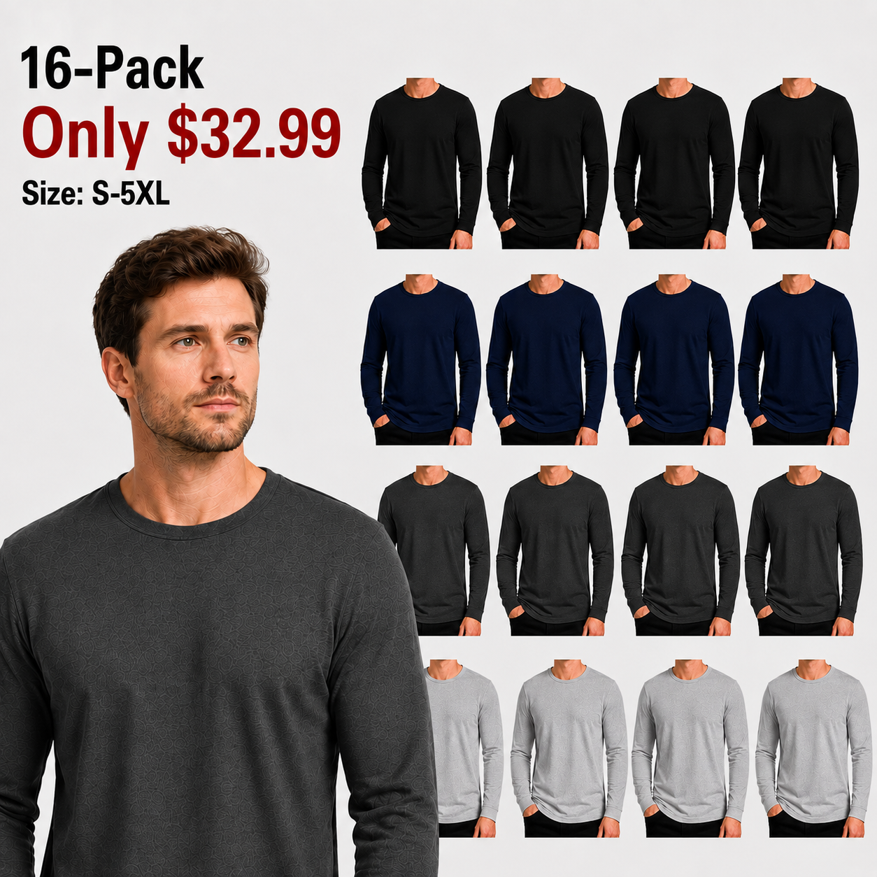 Men's Cotton-Blend Long Sleeve Crew Neck T-Shirts - 8 & 16 Pack