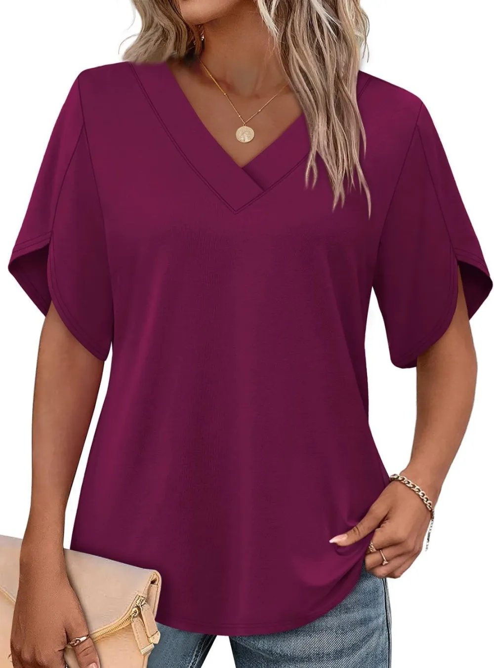 Women's V‐Neck Petal Short Sleeve Summer Top