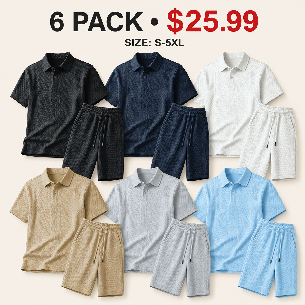 Men's Polo Shirt and Drawstring Shorts Set - 6-Pack or 10-Pack