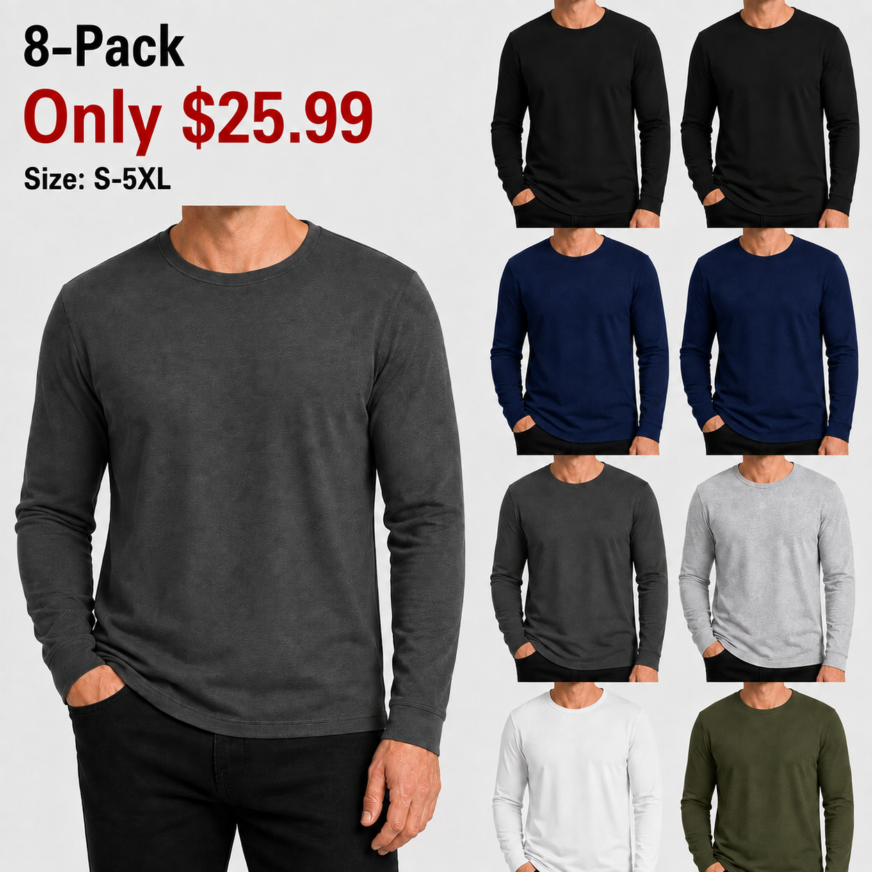 Men's Cotton-Blend Long Sleeve Crew Neck T-Shirts - 8 & 16 Pack