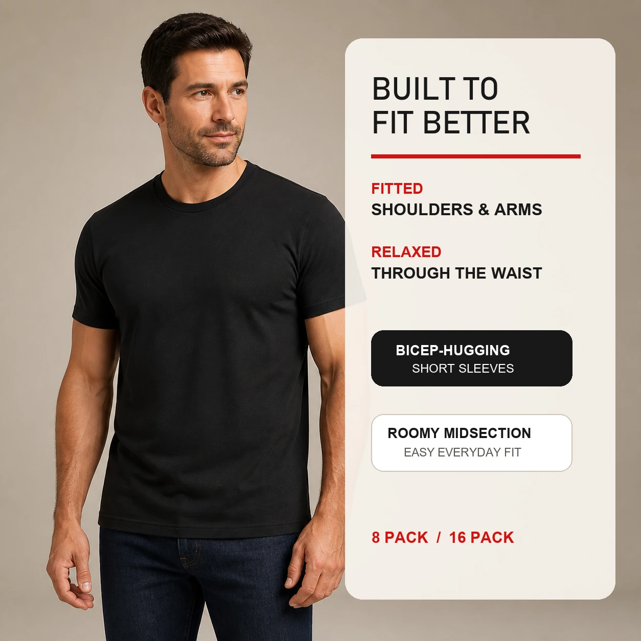 Bicep-hugging relaxed-waist crew neck T-shirt fit overview