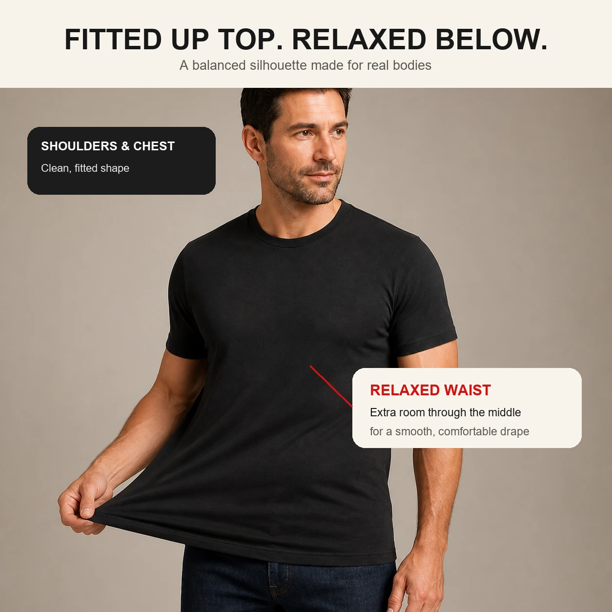 Fitted upper body and relaxed waist silhouette