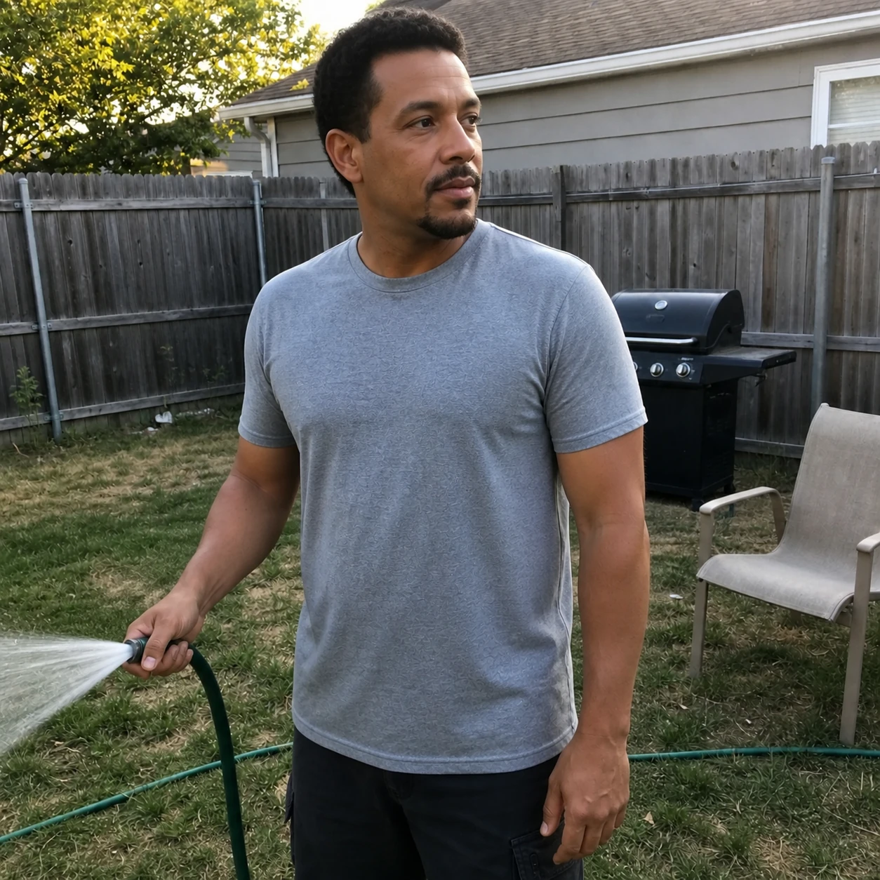 Casual phone snapshot of the T-shirt in a backyard