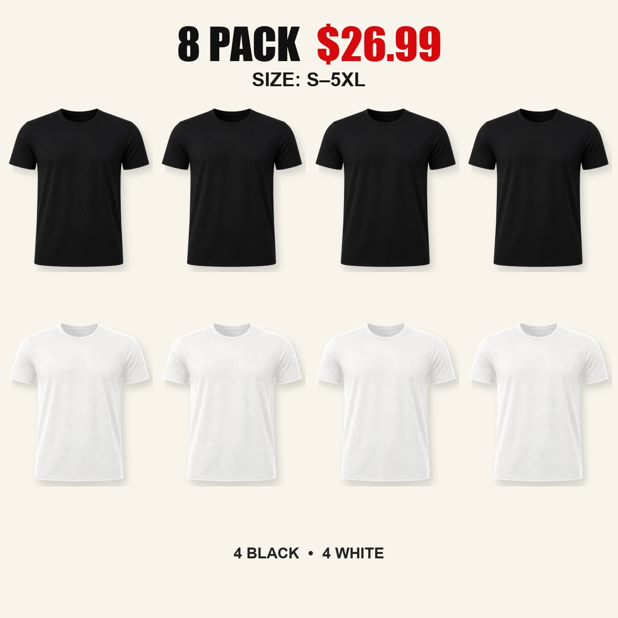 Eight-pack black and white bicep-hugging crew neck T-shirts